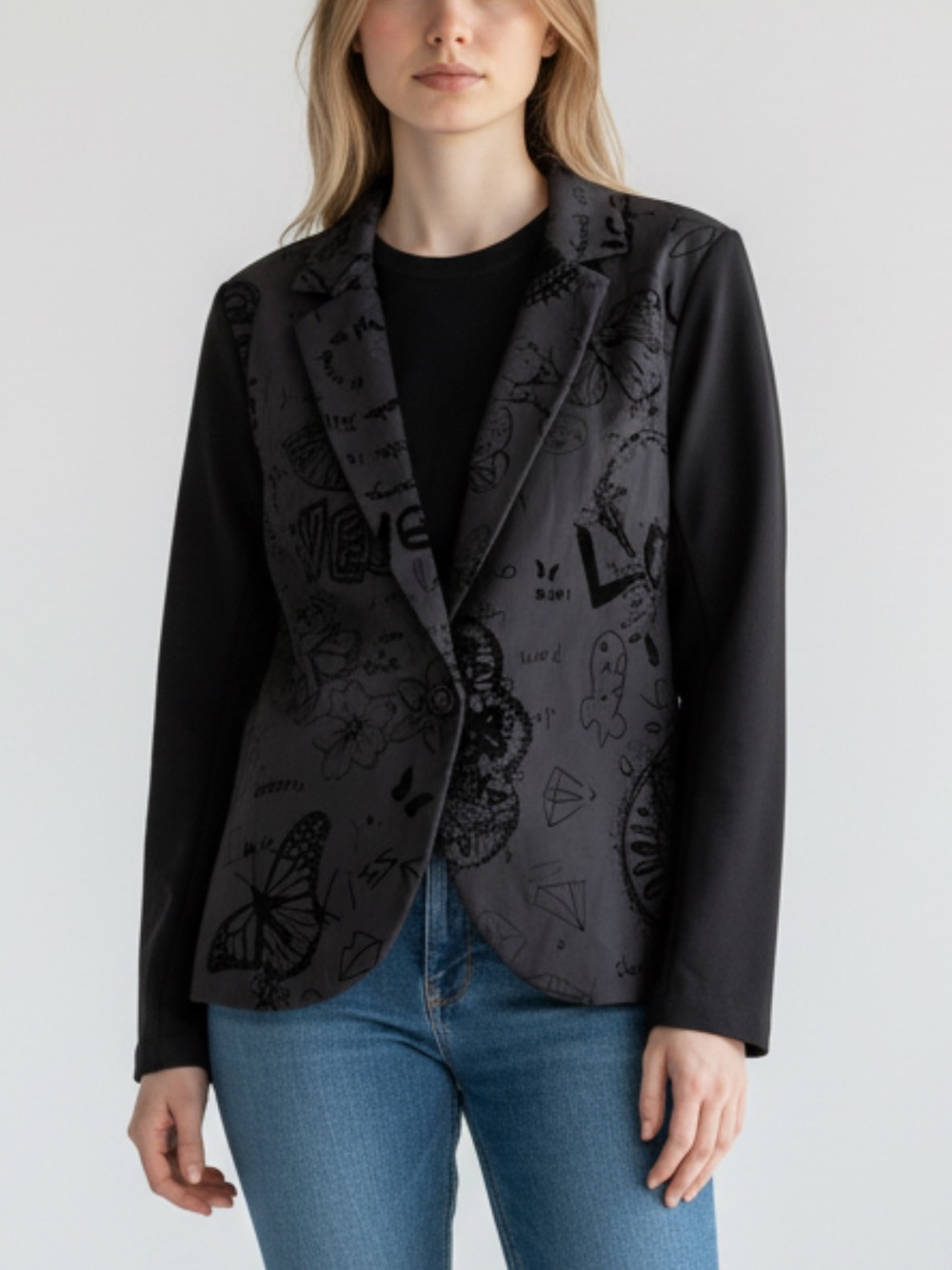 Desigual graffiti doodle patchwork print blazer black size 10 US